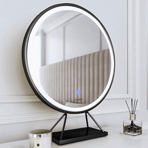FABS Desktop Vanity Illuminated Makeup Mirror with Touch LED Lights Sensor Dimmable Brightness Lighted Ring Dresser Mirror Black Frame and Stand (Lucia)