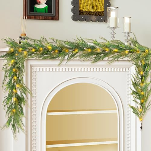 MINDELF 6 FT Artificial Christmas Norfolk Pine Garland, Real Touch Pine Garland with 20 LED Lights, Mixed with Noble Fir, ‌Heavier and Larger, Timer, Perfect for Table Window Mantel Indoor Outdoor