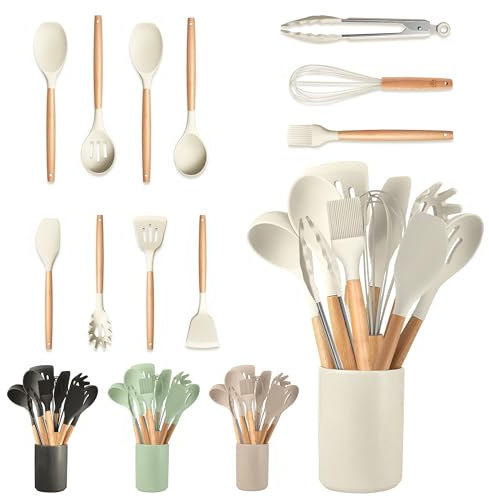 JUPPLIES Juego de Utensilios de Cocina de Silicona 12 Piezas con Mangos de Madera y Soporte Organizador – Set Antiadherente Resistente al Calor – Apto para Todas Las Ollas y Sartenes - Beige
