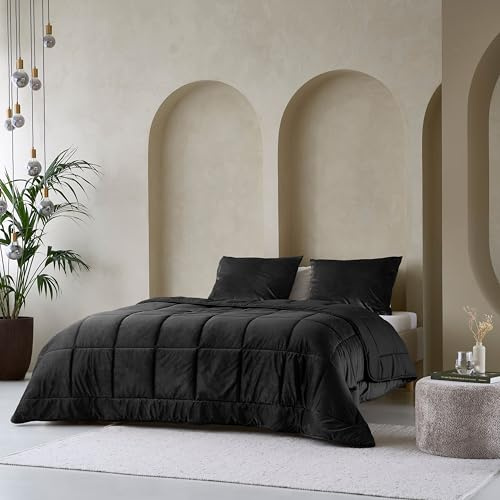 Zelesta Velvetbed Bettdecke ohne Bezug, waschbar, Samt, 4-Jahreszeiten-Steppdecke, antiallergisch, Schwarz, 140 x 200 cm