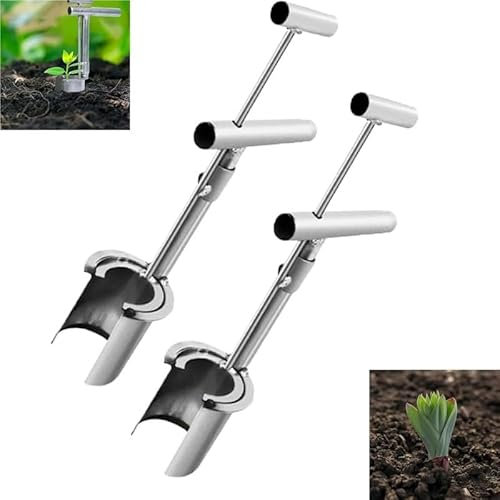 Lot de 2 outils de plantation de bulbes à long manche, outil de plantation d'herbe, nouveau transplantoir de semis de plantes et d'arbres fruitiers en acier inoxydable avec, pour plantes de jardin