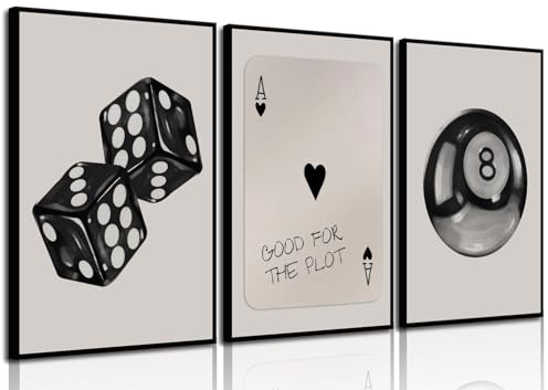 BOKPEN 3Pcs Black and White Poker Dice Wall Art Funky Retro Y2K Trendy Preppy Pictures Lucky 8 Ball Poster Canvas Prints Artwork Painting for Game Room Apartment Dorm Aesthetic Decor 12x16in Unframed