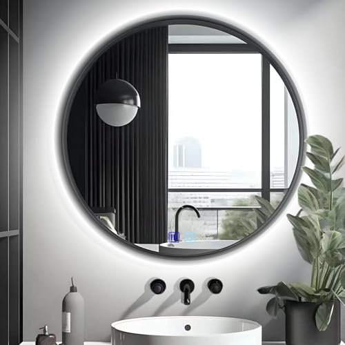 Bad-Wandspiegel rund 60 cm LED Beleuchtet mit RAHMEN LOFT ANTI-FOG 3 Lichtfarben Spiegel mit Farbeinstellung und Helligkeitseinstellung - Einstellbereich - IP44 - Groß Modern für Badezimmer