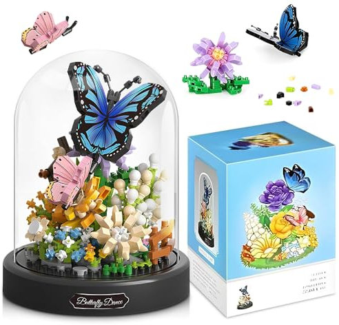 KQWVZ Blumen Bausteine Set, Schmetterling Blumen Micro Baustein Set, Mikro Blumen, Blumen Insekten Klemmbausteine Bausteine Mit Staubdichte Kuppel Und Sockel, Geschenkfür Kinder Erwachsene (530PCS)