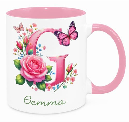 Personalised Floral Initial Mug with Name – Pink Rose – Custom Monogram Novelty Gift Present Mugs for Women Birthday Christmas for Mum Friend Sister Colleague Secret Santa Work Quotes