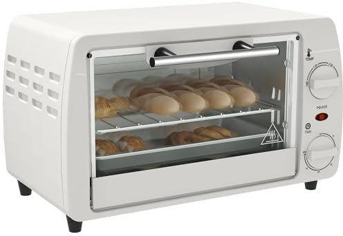 HOMCOM Mini four 10 litres 750W Petit four électrique avec température jusqu'à 230 ℃ Minuterie 60 minutes Plaque de cuisson et grille 36,5x26x22 cm Blanc crème