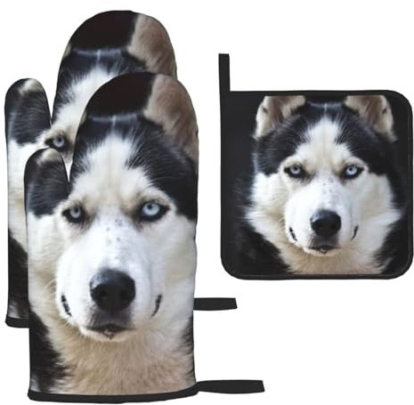 Il bel muso dell'husky è un cane divertente,Guanti da cucina Guanti da forno antiscivolo Resistenti al calore Set da tre pezzi Guanti da forno e presine