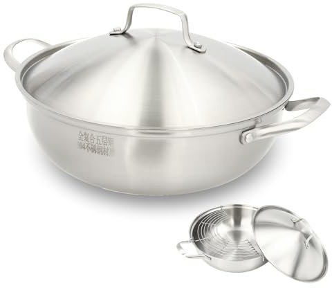 Stainless Steel Wok, 32cm Round Soup Pan with Lid and Steamer Rack, Induction Friendly Cooking Pot for Stir-Frying, Stews, Sauces, Deep Saute, Silver