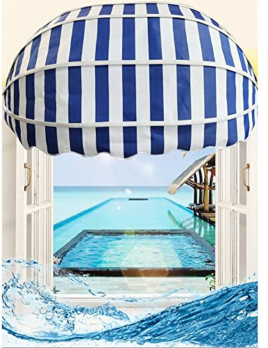 Fenstermarkise aus Polyester, UV-Schutz, 135 cm, Aluminium-Klapprahmen, Blau und Weiß, Sonnen- und Regenschutz, ideal für Eingänge, wetterfester Sonnenschutz für Schnee und UV-Strahlen