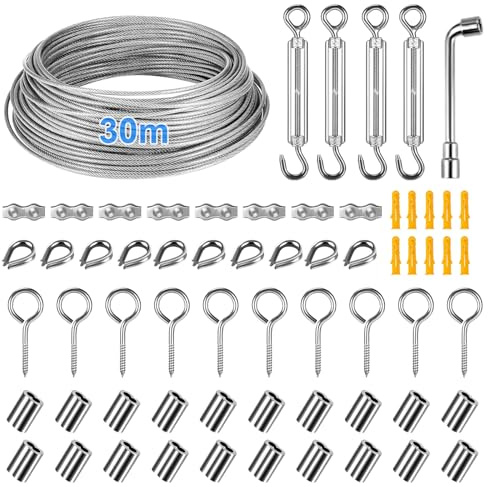 Kinfezlon 30m Drahtseil, 304 Edelstahl Drahtseil Spanndraht, Drahtseil Edelstahl Set, Stahlseil Ummantelt, Stahlseil mit Ösen, Seilspanngarnitur für String Light Suspension, Wäscheleine, Gardinenseil
