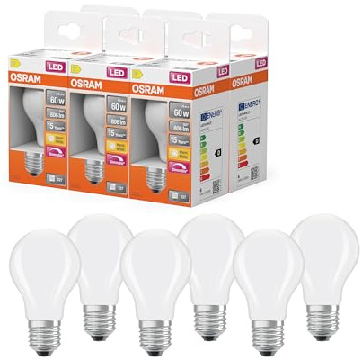 Osram Lampe LED Superstar forme d'ampoule A60 filament dimmable, 2700 K blanc chaud, 5,9 W, E27, dépolie, 806 lm, pour plafonniers et lampadaires, 15 000 h,6-Pack