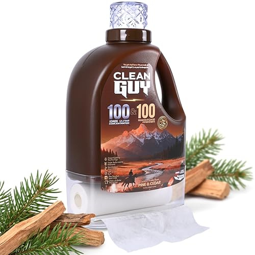 Clean Guy Laundry Detergent with Dryer Sheets | Bold Wood & Pine Scent, Powerful Cleaning, Soft & Fresh Finish, Long-Lasting Aroma - Pine & Cedar (100 Loads PLUS 100 Dryer Sheets)