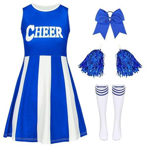 XFOZDM Deguisement Cheerleader Fille Deguisement Pompom Girl Enfant Costume Pom Pom Girl Fille Tenue de Pompom Uniforme avec Bandeau Pompons et Chaussettes pour Carnaval Halloween Fête Bleu 160