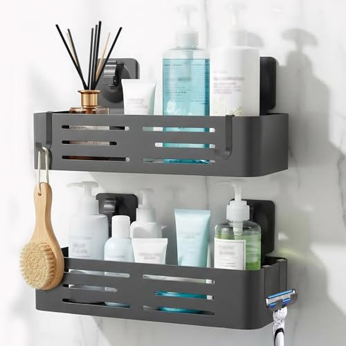 Cyiecweu Etagere Douche Sans Percage, 2 Pièces Etagere Salle de Bain avec 4 crochet, étagère Douche pour rangement dans salle de bain et la cuisine, Noir