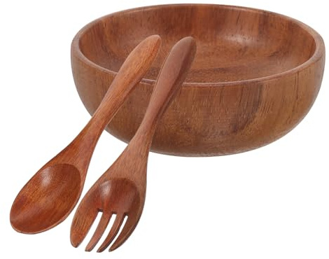 UKCOCO Wooden Salad Bowl and Servers Set, Japanese Style Acacia Wood Fruit Bowl with Spoon and Fork, Original Wood Plate for Salad and Fruit Serving