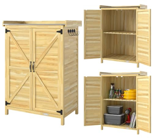 Outsunny Armoire de Jardin en Bois avec Étagère 71,5x39x95 cm Bois Naturel | Armoire Extérieure de Rangement, avec Crochets, Plan de Travail en Métal Galvanisé, Table de Rempotage, Balcon, Terrasse