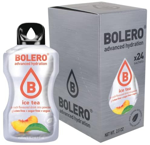 Bolero ICE TEA PEACH 24x3g | Jus en poudre sans sucre, édulcoré à la stévia + vitamine C | pour enfants et sportifs | sans gluten, végétalien | saveur de thé glacé à la pêche