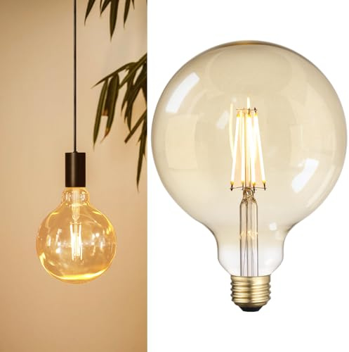 ESCENA Artist Series G125 LED Globe Light Bulbs 9W, Round Decorative Edison Bulbs Dimmable, 100W Eqv., Amber, E26 Base, Vintage Filament Light Bulbs for Pendant Light, Floor Lamp, 2500K Warm White