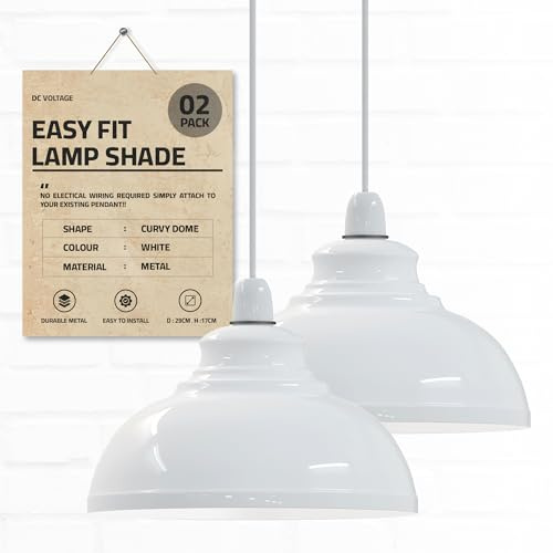 DC Voltage Industrial Ceiling Pendant Light Shades Retro Style Curvy Dome Shaped lamp Shades Metal Easy fit Ceiling Pendant Light Shades for Light fixtures (White - 2 Pack)