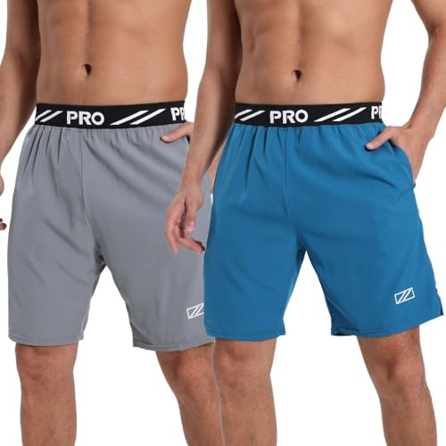 Bsrpolry 2-pack löparshorts för män gym träningsshorts träningsshorts lätta snabbtorkande andningsbara sportshorts atletiska fickor med dragkedja, #101 – grå blå, XXL
