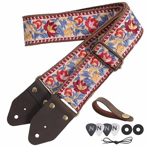 Nefelibata Gitarrengurt, Jacquard-Stickerei Baumwolle Gitarrengurte mit Crazy Horse Leder Enden für Bass, elektrische & akustische, Geschenke für Kinder, Gitarristen