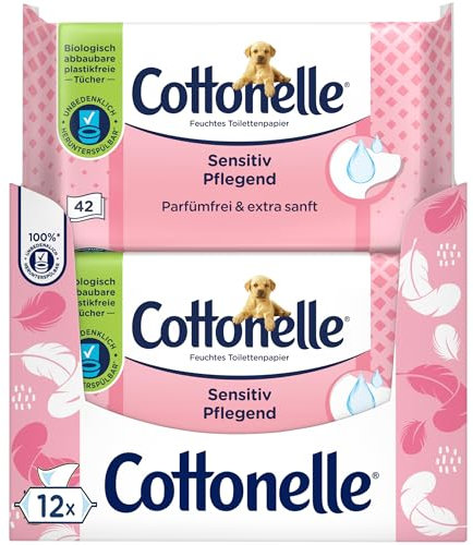 Cottonelle Feuchtes Toilettenpapier, Sensitive Pflegend - Parfümfrei, Biologisch Abbaubar, Plastikfrei, Wiederverschließbar, Vorteilspack, 12 x 42 Feuchttücher