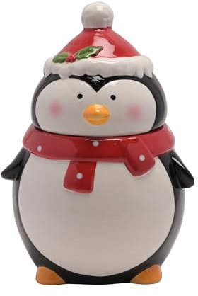 Jultomten & vänner – pingvin kakburk – glaserad keramik julkök och matsal heminredning för högtidspresent och hemartiklar – röd/vit/svart – H: 23 cm x B: 15 cm x D: 15 cm.