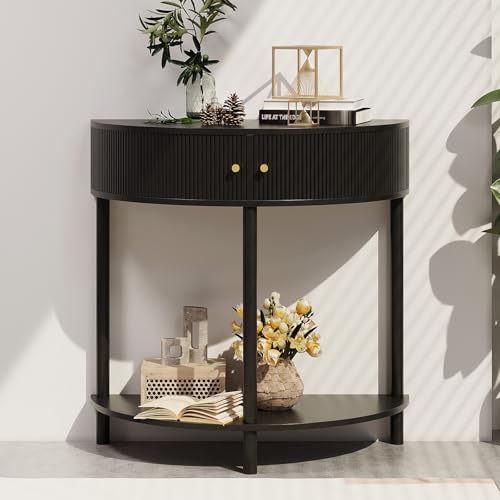 Trironsun Modernt räfflat halvmåne-konsolbord, 2 nivåer, smalt entrébord med förvaring för litet utrymme, trä soffbord med dörrar och guldknoppar, boho, heminredning