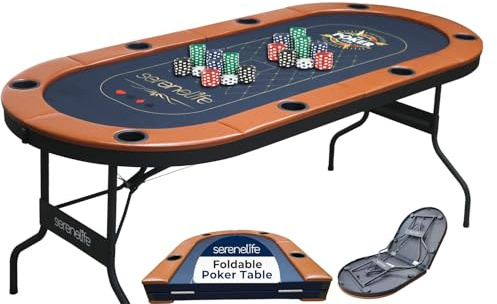 SereneLife 8 Player Foldable Poker Table, 71 inch Portable Casino Table for Texas Holdem w/Cushioned Rail & Cup Holders, Folding Game & Card Table