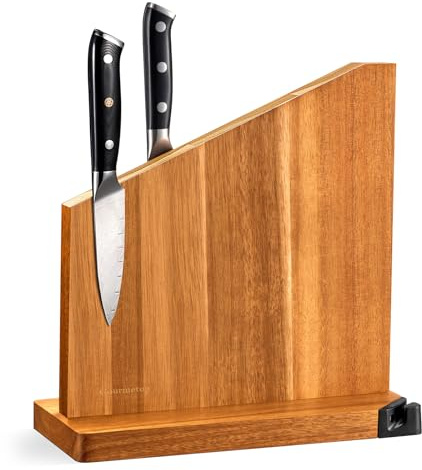 Gourmetop Knife Block Without Knives, Magnetic Knife Holder with Sharpener, Magnetic Knife Block with Sharpener, 100% Acacia Wood Magnetic Knife Holder, Double-Sided Magnetic Knife Block, Light Wood