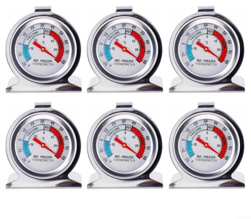 HEIBTENY Termómetro de refrigerador de acero inoxidable tipo dial medidor de temperatura del congelador sin batería, monitor de temperatura del refrigerador, fácil de leer (6 piezas)