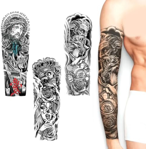 ZENQARI 3 Tatuajes Temporales Adultos para Hombre, 48x17 cm, Negros, Impermeables y Duraderos, Diseños Modernos de Manga Completa para Fiestas, Festivales y Cosplay