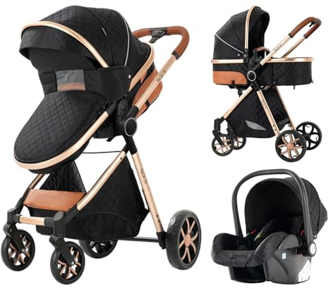 Passeggino combinato 3 in 1, nero e oro rosa, set passeggino con ovetto e passeggino sportivo
