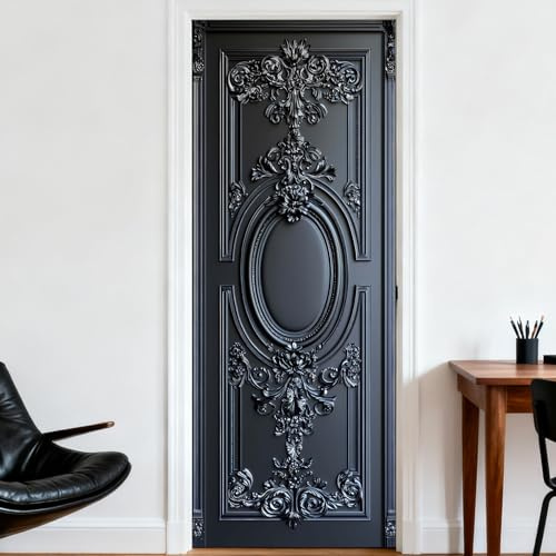 Nuxovilar Door Stickers Covers Decorative 30.3x78.7 Black Ornate Carved Door Stickers Peel and Stick Vinyl Decals Removable Self - Adhesive for Home Bedroom Living Room (Set of 2 Sheets)