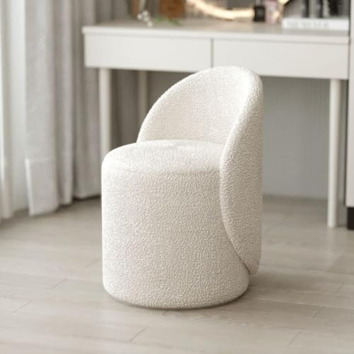 Ergonomisk sminkbänk med 360° roterande bas mjuk lammullsryggstöd och skum med hög densitet, kompakt design för sovrum och vardagsrum (vit)