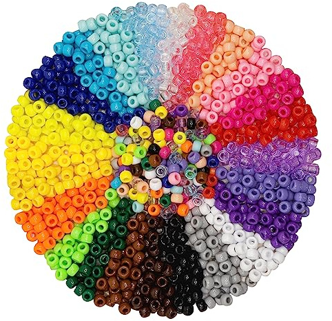 Pony-Perlen, 4800 Stück, 24 Farben, 6 x 9 mm, Kunststoff-Ponyperlen zum Basteln, Haarperlen für Zöpfe, Farbige Perlen für DIY-Projekte - Großpackung Mit Gemischten Verpackungen