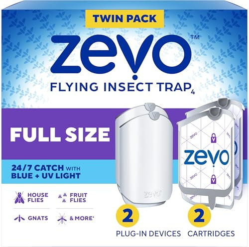 Zevo 2 Flying Insect Traps & 2 Refill Cartridges - Plug in Fly Trap & Indoor Bug Catcher for Gnats, House & Fruit Flies - Blue & UV Light Technology, Mess-Free Alternative to Bug Zapper