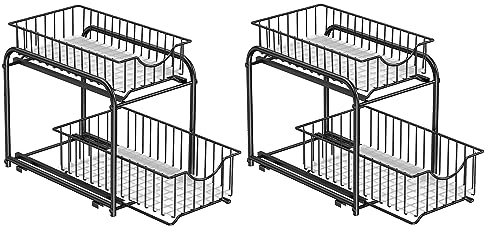 SONGMICS Set of 2 Cupboard Organiser, 2-Tier Under Sink Storage Organiser with Sliding Basket Drawers, Stackable Cabinet Organiser for Kitchen, Bathroom, Ink Black KCS017B02V1