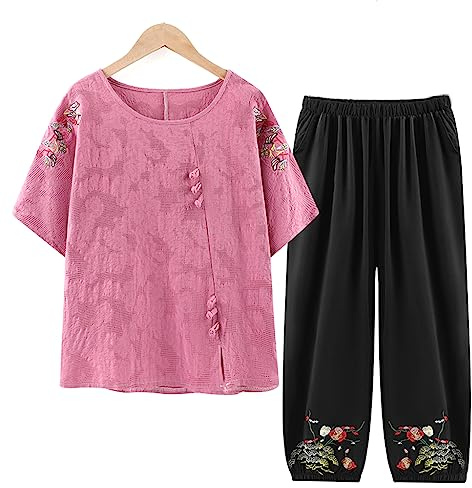 QPZK Donne Tang Tuta Hanfu Abbigliamento tradizionale cinese, adulto anziano Tai Chi uniforme per le donne arti marziali Kung Fu Abbigliamento Manica corta Cappotto e pantaloni Rosa-4XL