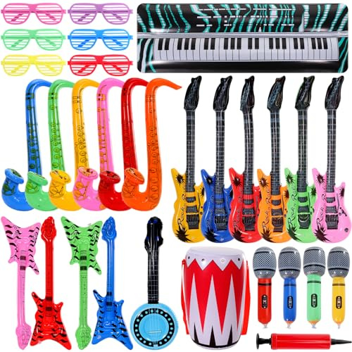 Loccmat 30 Pcs Inflatable Rock Star Toy Set,Inflatable Instruments Party Props,Inflatable Guitar,Inflatable Microphone,Inflatable Piano,Inflatable Saxophone Drum,Rock and Roll Party Decorations