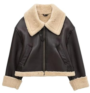 Pulcykp Giacca invernale da donna europea e americana nera con cerniera sottile in pile di agnello cappotto in pelle, Marrone, S