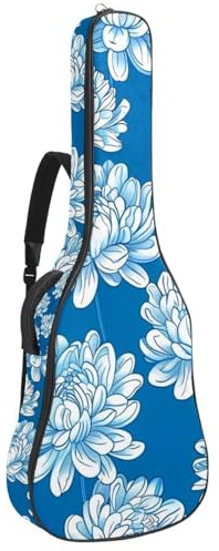 Bassgitarrentasche, 101,6 cm, 101,6 cm, doppelter verstellbarer Schultergurt, Akustikgitarre, Gigbag, Gitarrenkoffer, wasserdichtes Oxford-Gewebe, dicker Schwamm, blaue und weiße Pfingstrosen, Blaue
