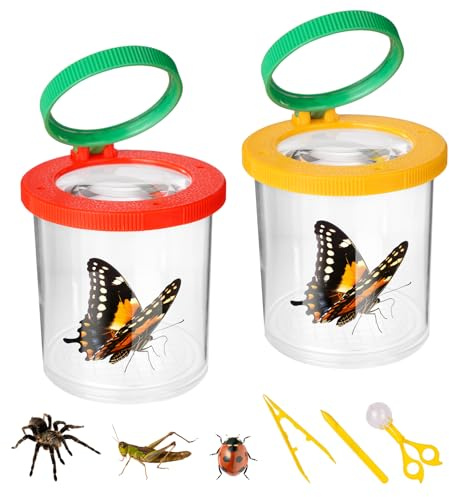 2 Stück Becherlupen für Kinder，Lupenglas für Kinder Set mit Pinzette und Insektenfänger, Insekten Viewer Lupenbecher für Wissenschaft im Freien Naturerkundung