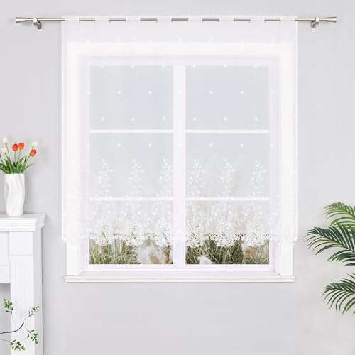 Yujiao Mao Scheibengardine mit Blumen-Lochstickerei, Weiß, HxB 150x150 cm | Voile-Bistrogardine, Moderne Küchengardine, Kurzvorhang für Kleine Fenster, Tür, Halbtransparent, Wohnzimmer, Sichtschutz