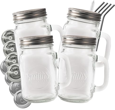 Smiths Mason Jars with Lids and Straws - 16oz/473ml Glass Mason Jar Cups with Handles (4 Pack) - Smoothie Glasses, Overnight Oats Containers, Iced Coffee, Milkshake & Cocktail Mugs