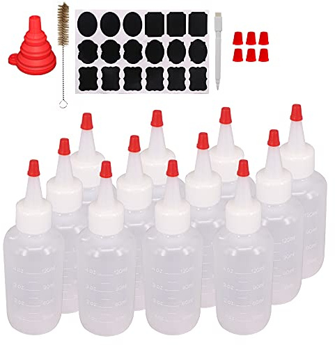 Belinlen 12 Pack 4-Ounce Empty Plastic Squeeze Bottles with Red Tip Caps Multipurpose Squirt Bottle