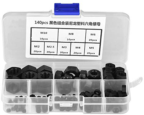Akozon 140pcs Tuercas Autoblocantes Hexagonales Plástico Nylon M2 M2.5 M3 M4 M5 M6 M8 M10(Negro)