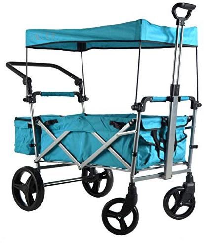 IMLEX IM-9002 Bollerwagen faltbar mit Dach Anthrazit - Große Räder gefederte Vorderräder - Handwagen klappbar mit Schiebegriff ideal für 2 Kinder (Türkis)