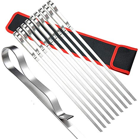 HIOD 10 Piezas Brochetas para Barbacoa con Bolsa de Nailon Aguja de Barbacoa de Acero Inoxidable Aguja para Asar Pinchos Planos, 430 * 8 * 1.5 Mm,Handle