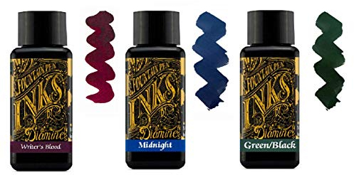 Diamine Tinte für Füllfederhalter, 30 ml, 3 x Flaschen – Writers Blood & Midnight Blue & Green Black
